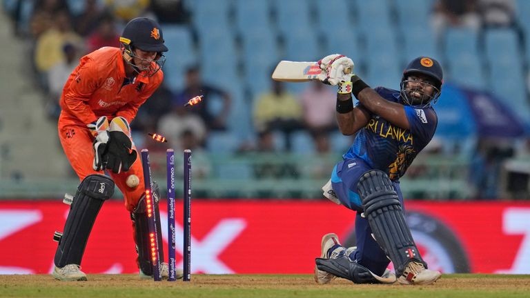 Sri Lanka's Charith Asalanka is bowled by Netherlands' Aryan Dutt