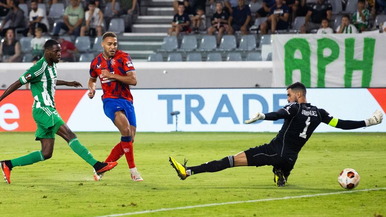  Rangers striker Cyriel Dessers scores but it is ruled out for offside against Aris Limassol