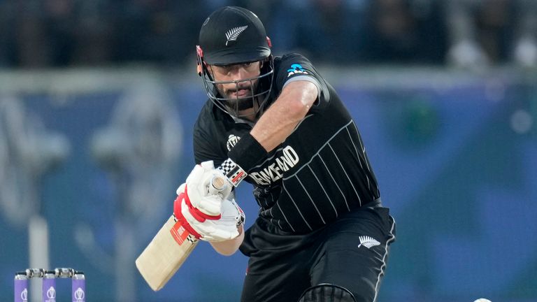 New Zealand's Daryl Mitchell bats during the ICC Men's Cricket World Cup match between India and New Zealand in Dharamshala, India, Sunday, Oct. 22, 2023. (AP Photo/Ashwini Bhatia)
