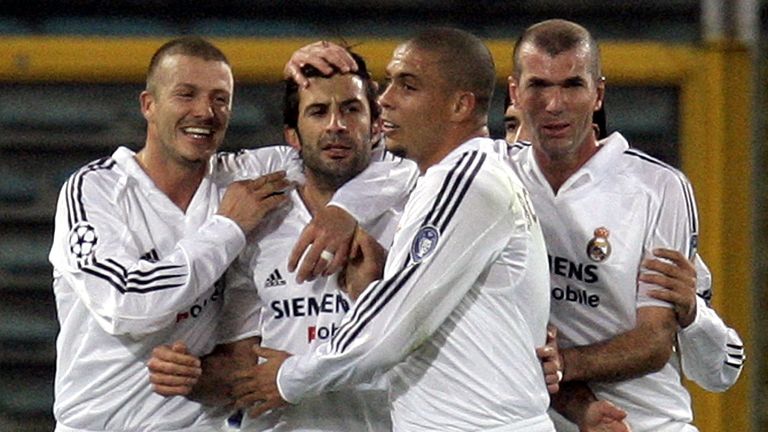David Beckham, Luis Figo, Ronaldo and Zinedine Zidane celebrate during their time at Real Madrid