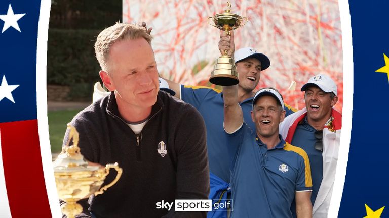 The Europe team led by Europe&#39;s Team Captain Luke Donald, at centre lift the Ryder Cup after winning it at the Marco Simone Golf Club in Guidonia Montecelio, Italy, Sunday, Oct. 1, 2023. 