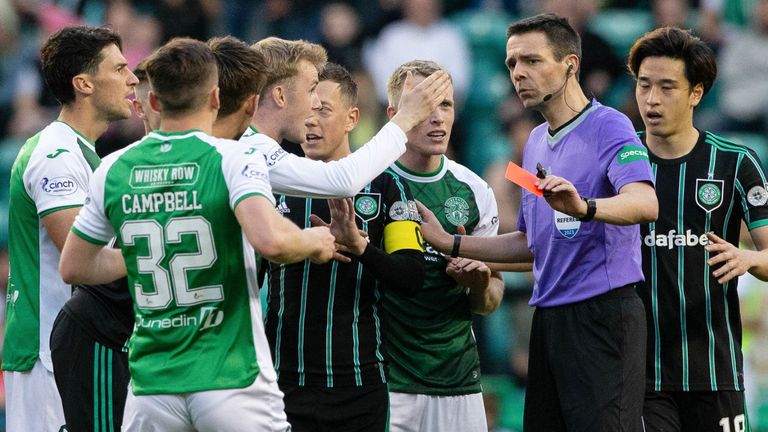 EDINBURGH, SCOTLAND - MAY 24: Referee Kevin Clancy shows Hibernian&#39;s Jake Doyle-Hayes a red card before it is recinded following a VAR check during a cinch Premiership match between Hibernian and Celtic at Easter Road, on May 24, 2023, in Edinburgh, Scotland.  (Photo by Ewan Bootman / SNS Group)