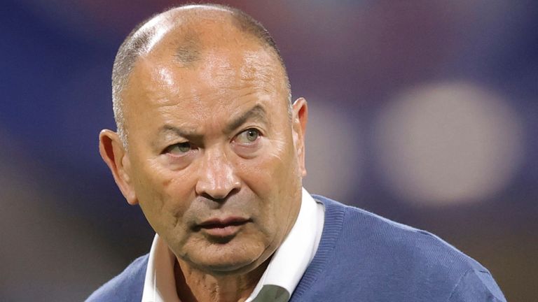 Eddie Jones, head coach of Australia, is seen just before pool C match against Australia during the Rugby World Cup France 2023 at OL Stadium in Lyon France on September 24, 2023.( The Yomiuri Shimbun via AP Images )