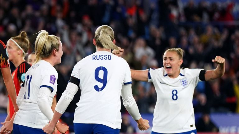 England celebrate Lauren Hemp's opener against Belgium