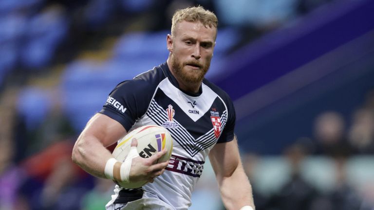 England's Luke Thompson runs in to score his sides third try of the game during the Rugby League World Cup group A match at the University of Bolton Stadium, Bolton. Picture date: Saturday October 22, 2022.