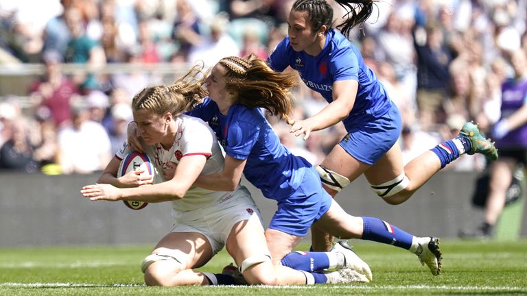 England's Zoe Aldcroft scores their side's fifth try of the game during the TikTok Women's Six Nations at Twickenham Stadium, London