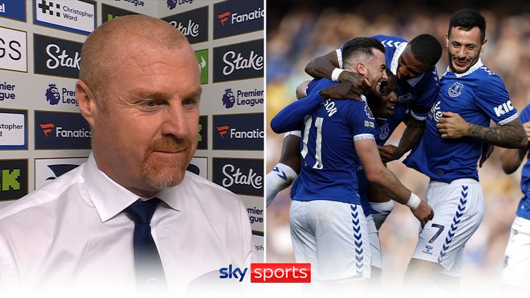 Left image: Sean Dyche in post-match interviewRight image: Everton's Jack Harrison (hidden) celebrates scoring their side's second goal of the game with team-mates during the Premier League match at Goodison Park, Liverpool. Picture date: Saturday October 7, 2023.