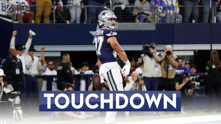 Dallas Cowboys tight end Jake Ferguson (87) celebrates after catching a touchdown pass during the first half of an NFL football game against the Los Angeles Rams, Sunday, Oct. 29, 2023, in Arlington, Texas. (AP Photo/Roger Steinman)


