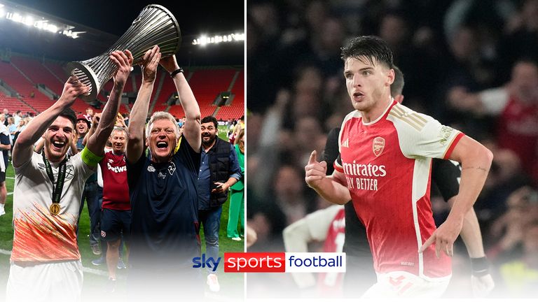 DECLAN RICE AND DAVID MOYES LIFTING THE EUROPA CONFERENCE LEAGUE TROPHY AND RICE IN AN ARSENAL SHIRT THUMB 