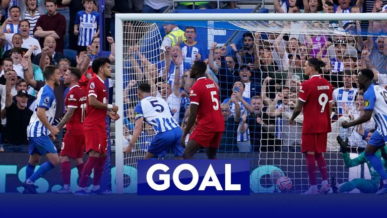 Brighton captain Lewis Dunk side-foots in an equaliser for Brighton, making it 2-2 against Liverpool.