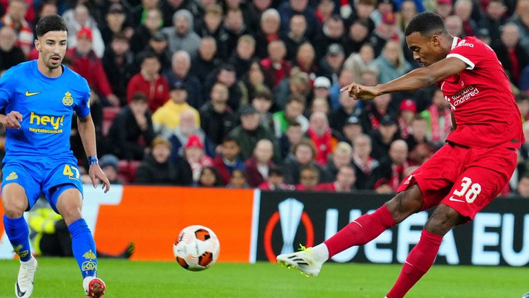 Liverpool&#39;s Ryan Gravenberch (38) shoots at goal during a Europa League Group E soccer match between Liverpool and Union Saint-Gilloise