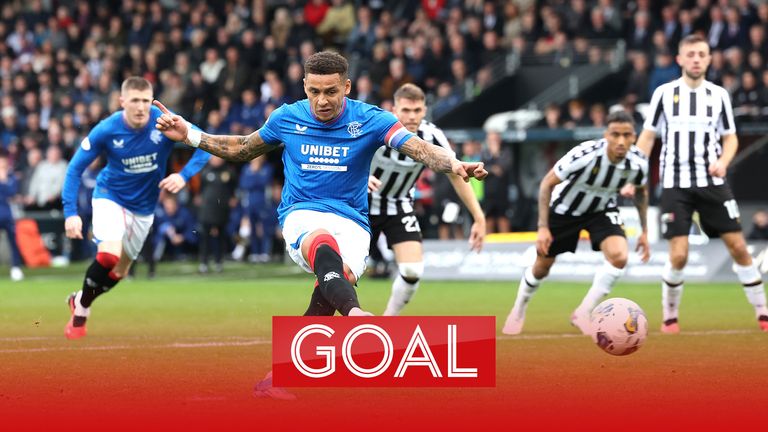 James Tavernier scores the penalty to give Rangers the lead after St Mirren&#39;s Ryan Strain was sent off for denying a goal-scoring opportunity with a handball following a VAR check.
