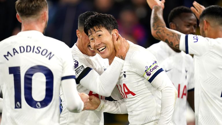 Tottenham Hotspur&#39;s Heung-Min Son celebrates with team-mates after scoring their sides second goal against Crystal Palace
