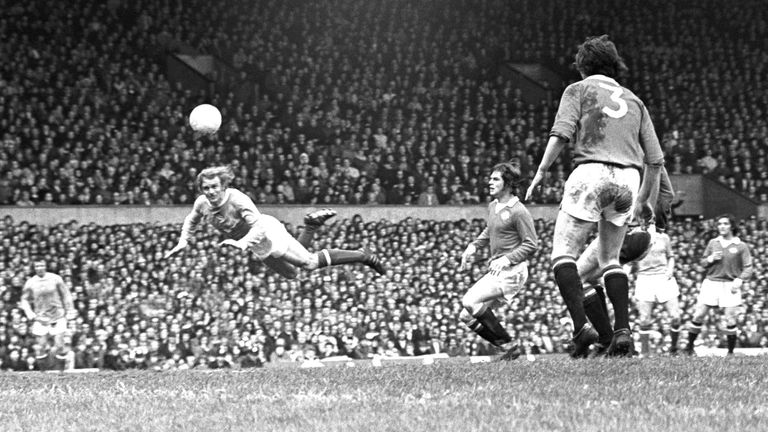Manchester City's Francis Lee in action during first division match against Manchester United at Old Trafford in 1973