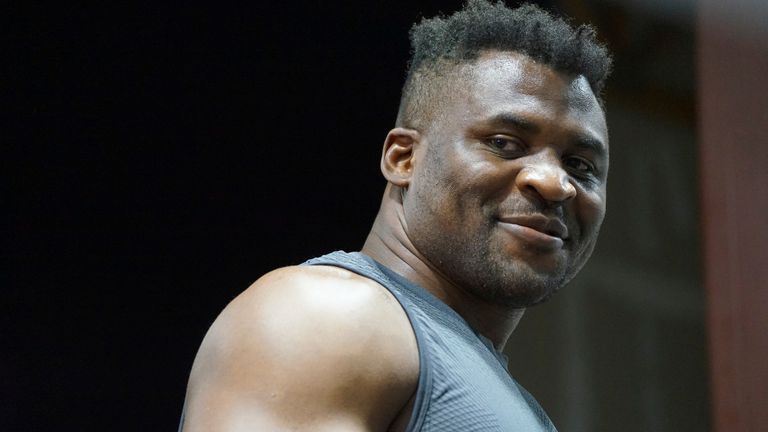 LAS VEGAS, NV - SEPTEMBER 26: Francis Ngannou at the Tyson Fury vs. Francis Ngannou open workout on September 26, 2023, at Ngannou&#39;s private gym in Las Vegas, NV. (Photo by Amy Kaplan/Icon Sportswire) (Icon Sportswire via AP Images)