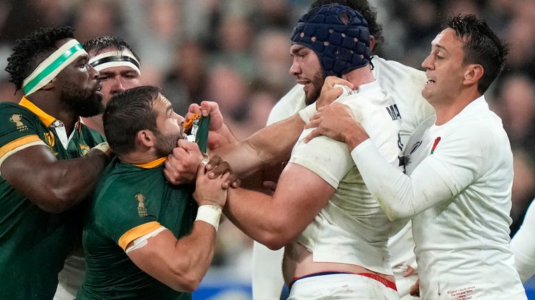 England's George Martin clashes with South Africa's Cobus Reinach