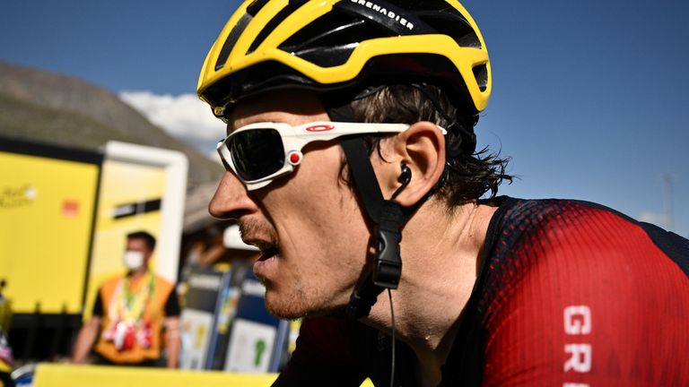 Britain's Geraint Thomas crosses the finish line of the twelfth stage of the Tour de France cycling race over 165.5 kilometers (102.8 miles) with start in Briancon and finish in Alpe d'Huez, France, Thursday, July 14, 2022. (Marco Bertorello/Pool Photo via AP)