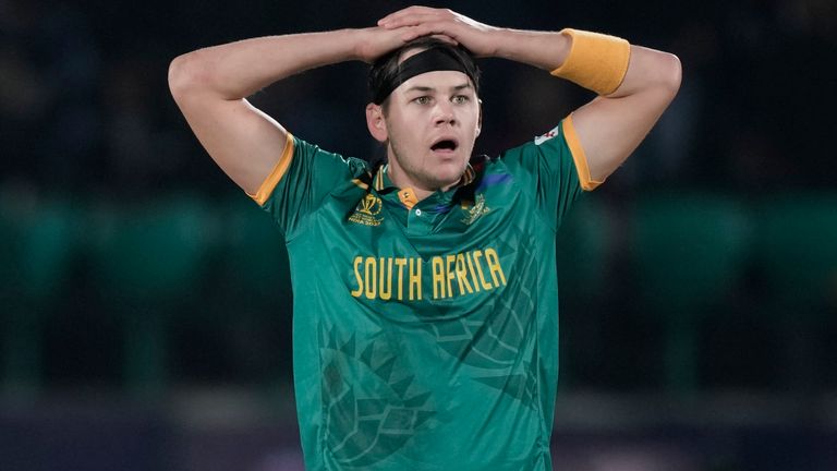 South Africa's Gerald Coetzee reacts after bowling a delivery during the ICC Men's Cricket World Cup match between South Africa and Netherlands in Dharamshala, India, Tuesday, Oct. 17, 2023. (AP Photo/Ashwini Bhatia)