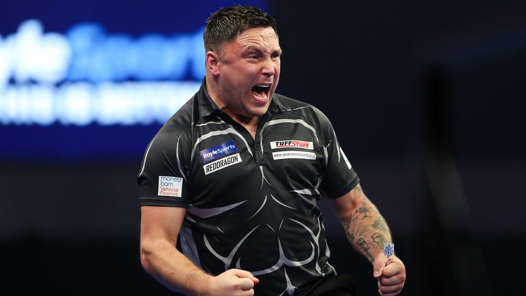 Gerwyn Price during Day Six of the 2023 World Grand Prix at the Morningside Arena, Leicester on Saturday 7th October 2023.