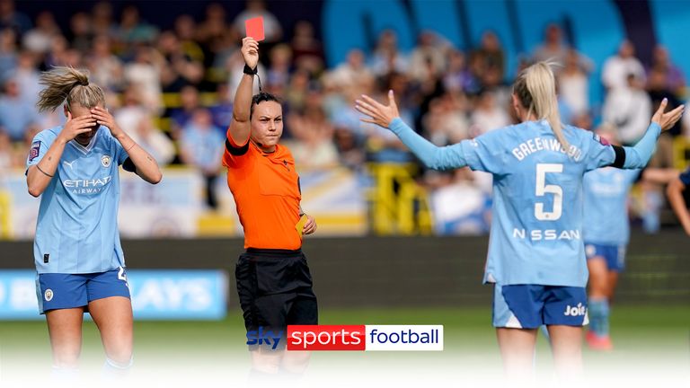 Manchester City&#39;s Alex Greenwood is shown a red card