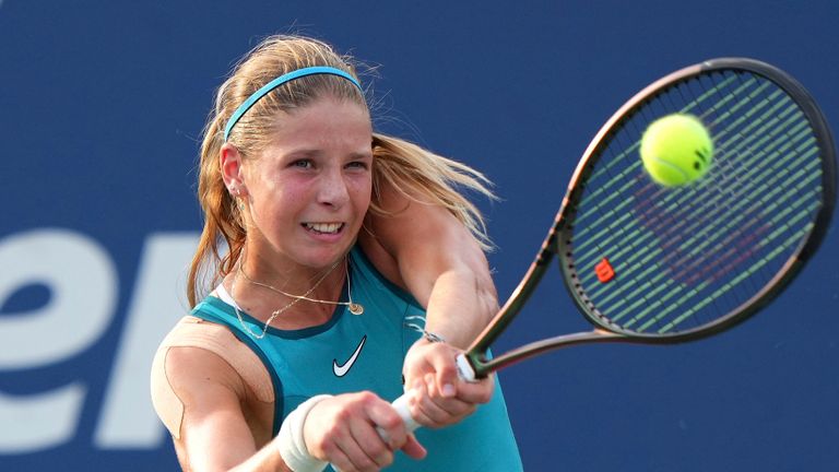 Hannah Klugman in action during a junior girls&#39; singles match at the 2023 US Open, Tuesday, Sep. 5, 2023 in Flushing, NY. (Darren Carroll/USTA via AP)