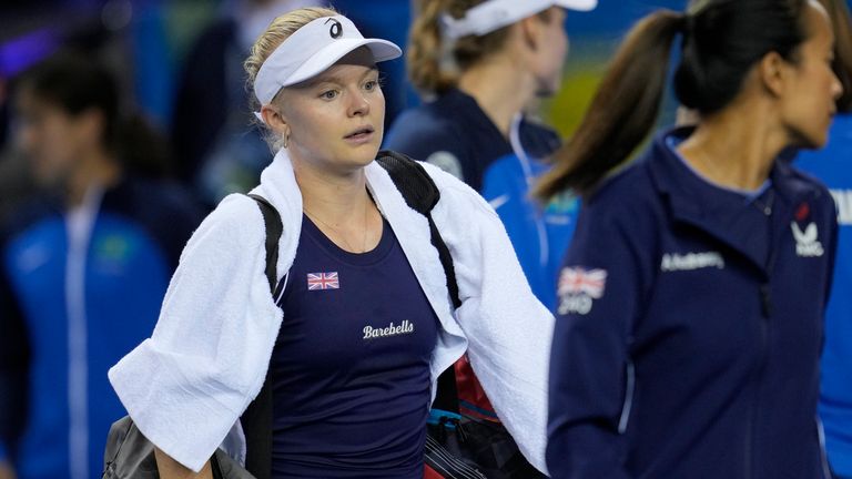 Harriet Dart of Great Britain leaves after losing the match against Elena Rybakina of Kazakhstan at the first day of the Billie Jean King Cup finals at Emirates Arena in Glasgow, Tuesday, Nov. 8, 2022. (AP Photo/Kin Cheung)