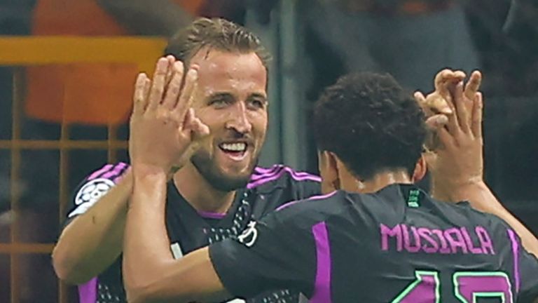 Bayern's Harry Kane, left, celebrates with his teammate Bayern's Jamal Musiala after scoring against Galatasaray during a Champions League group A soccer match between Galatasaray and Bayern Munich in Istanbul, Tuesday, Oct. 24, 2023. (AP Photo/Emre Otkay)