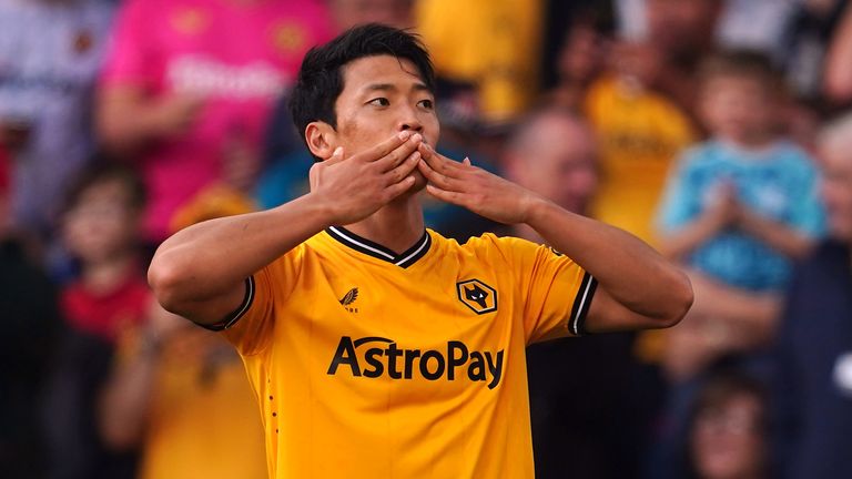 Hee-chan Hwang celebrates the opener for Wolves at Molineux