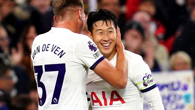 Heung-Min Son is congratulated by Micky van de Ven after Tottenham's first goal against Fulham