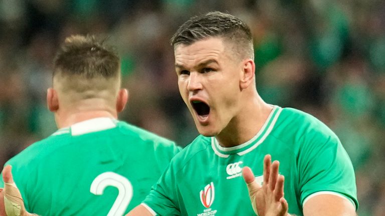 Ireland's Johnny Sexton reacts after his side score a penalty try during the Rugby World Cup quarterfinal match between Ireland and New Zealand at the Stade de France in Saint-Denis, near Paris Saturday, Oct. 14, 2023. (AP Photo/Christophe Ena)