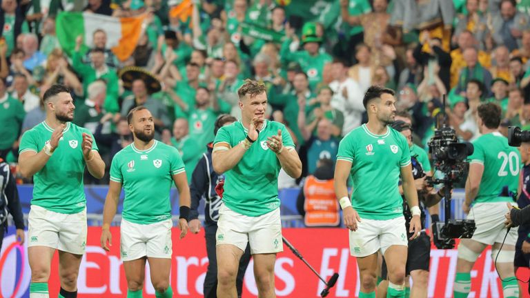 Ireland's players and supporters celebrate after winning the Rugby World Cup France 2023 Pool B match at Stadium Stade de France in Saint-Denis, Seine-Saint-Denis on Sept. 23, 2023. ( The Yomiuri Shimbun via AP Images )