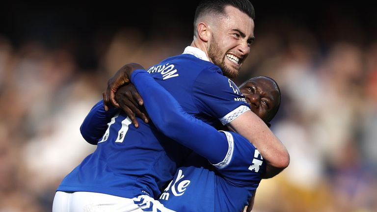 Everton's Jack Harrison (left) celebrates scoring their side's second goal of the game