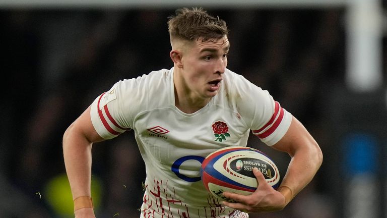 England's Jack van Poortvliet in action during the Six Nations rugby union match between England and Scotland at Twickenham stadium, London Saturday, Feb. 4, 2023. (AP Photo/Alastair Grant)