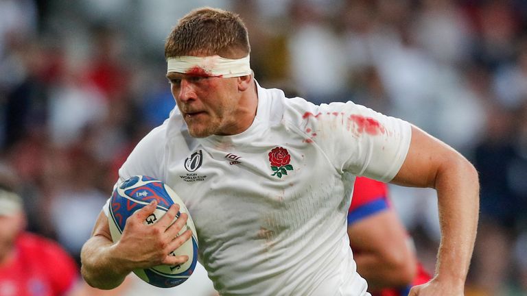 England's Jack Willis scores a try during the Rugby World Cup Pool D match between England and Chile at the Stade Pierre Mauroy in Villeneuve-d'Ascq, outside Lille, Saturday, Sept. 23, 2023. (AP Photo/Michel Spingler)