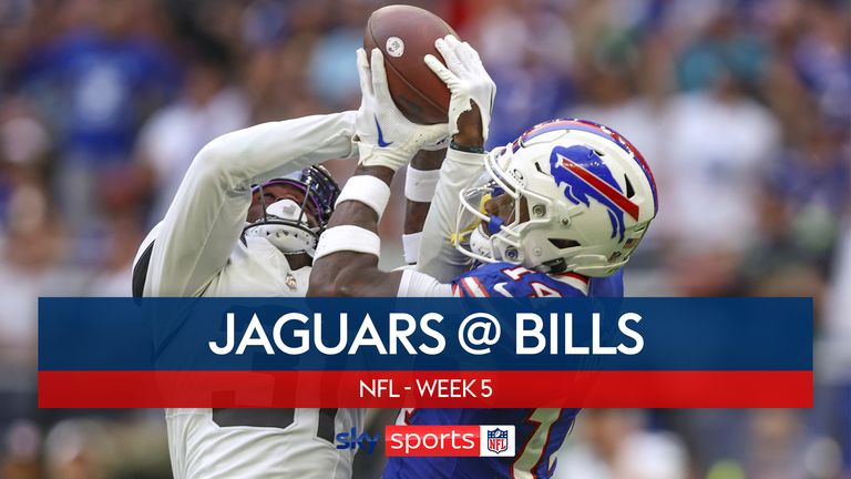 Jacksonville Jaguars cornerback Darious Williams (31) intercepts a pass thrown to Buffalo Bills wide receiver Stefon Diggs (14), right, during the fourth quarter of an NFL football game, Sunday, Oct. 8, 2023, in London. (AP/Gary McCullough)


