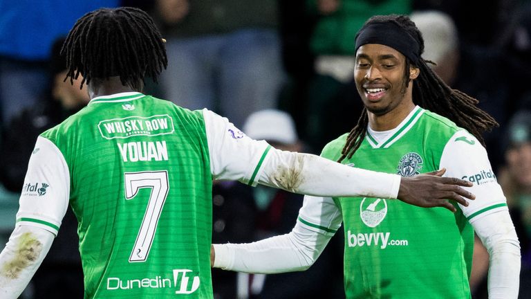 Hibernian's Jair Tavares celebrates scoring to make it 2-0 with teammate Elie Youan