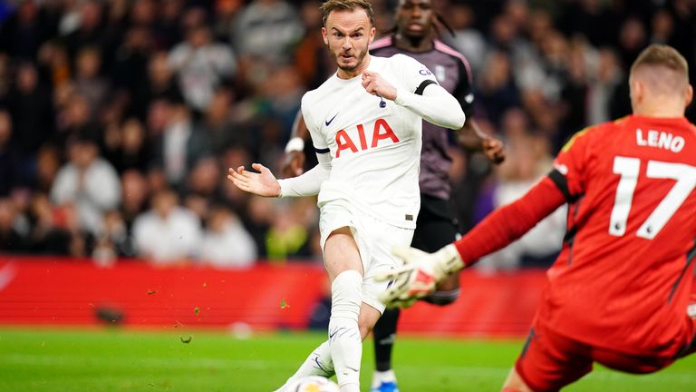 James Maddison scores Tottenham's second goal against Fulham