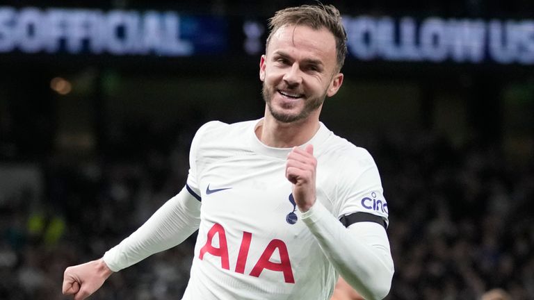 Tottenham's James Maddison celebrates after scoring his side's second goal during the English Premier League soccer match between Tottenham Hotspur and Fulham at the Tottenham Hotspur Stadium in London, Monday, Oct. 23, 2023. (AP Photo/Kin Cheung)