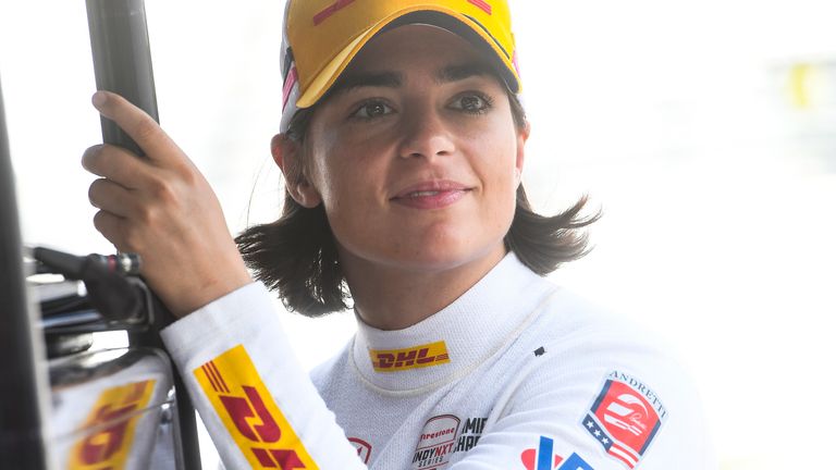 INDIANAPOLIS, IN - AUGUST 11: Jamie Chadwick (#28 Andretti Autosport) looks on before practice for the IndyNXT by Firestone Grand Prix on August 11, 2023, at the Indianapolis Motor Speedway Road Course in Speedway, Indiana. (Photo by Michael Allio/Icon Sportswire) (Icon Sportswire via AP Images)