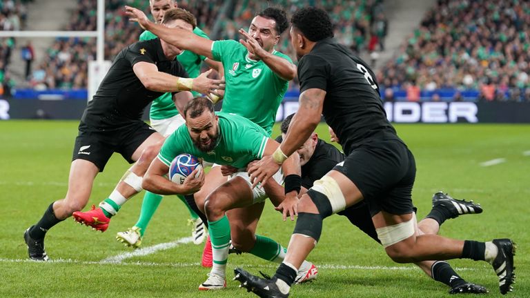 Ireland's Jamison Gibson-Park on his way to scoring his side's second try of the game during the Rugby World Cup 2023 quarter final match at Stade de France, Saint-Denis. Picture date: Saturday October 14, 2023.
