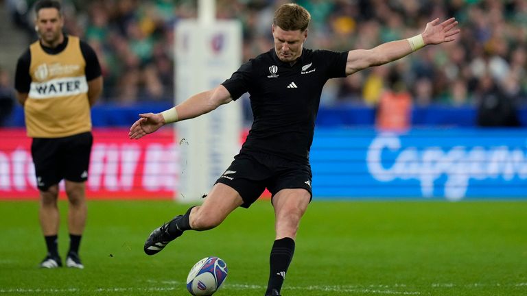 New Zealand's Jordie Barrett kicks a penalty during the Rugby World Cup quarterfinal match between Ireland and New Zealand at the Stade de France in Saint-Denis, near Paris Saturday, Oct. 14, 2023. (AP Photo/Thibault Camus)