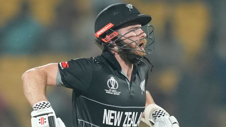 New Zealand's captain Kane Williamson run between the wickets during the ICC Men's Cricket World Cup match between New Zealand and Bangladesh in Chennai , India, Friday, Oct. 13, 2023. (AP Photo/Eranga Jayawardena)