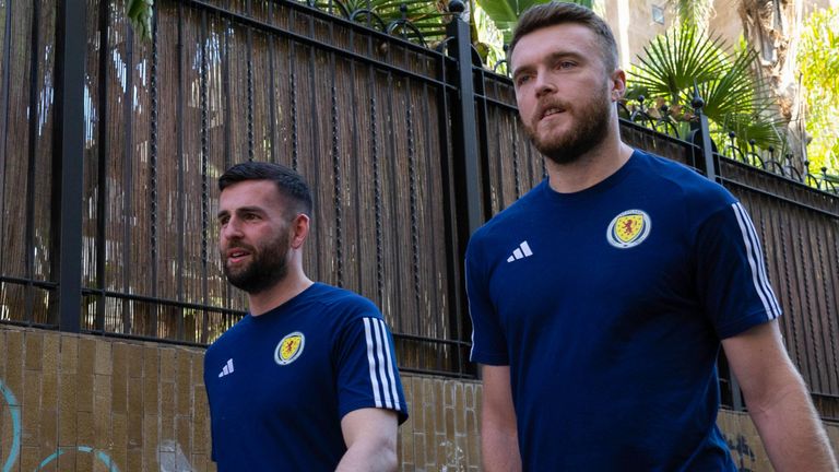 SEVILLE, SPAIN - OCTOBER 12: Scotland's Liam Kelly (L) and Zander Clark (R) before a UEFA Euro 2024 Qualifier at the Estadio De La Cartuja, on October 12, 2023, in Seville, Spain. (Photo by Craig Foy / SNS Group)