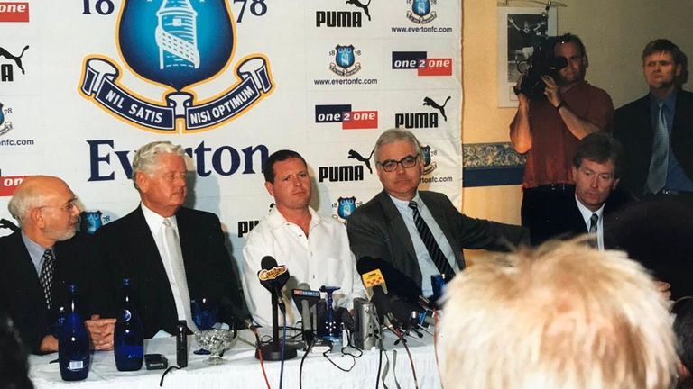 A young Alan Myers (far right) at the unveiling of Paul Gascoigne as an Everton player alongside Kenwright in 2000