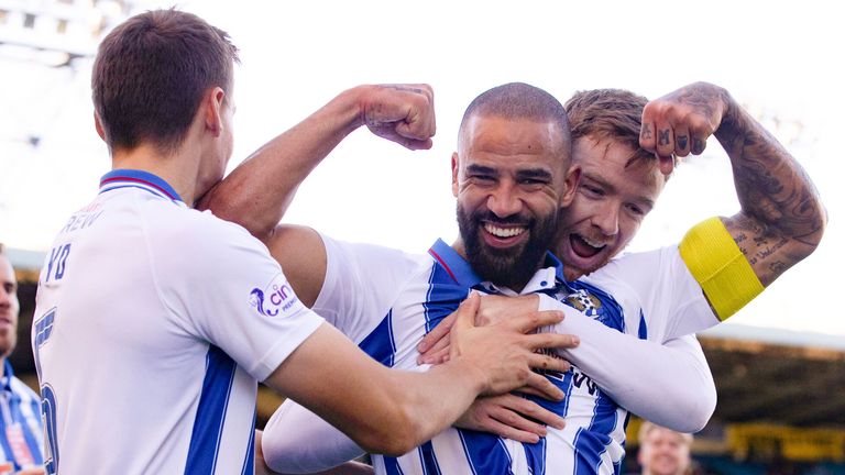 Kilmarnock's Kyle Vassell (centre) celebrates after putting the hosts in front