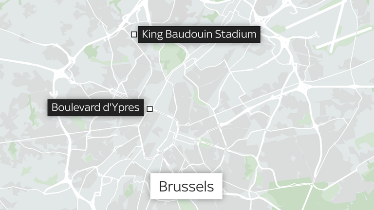 Une carte montrant le lieu de la fusillade et le Stade Roi Baudouin à Bruxelles