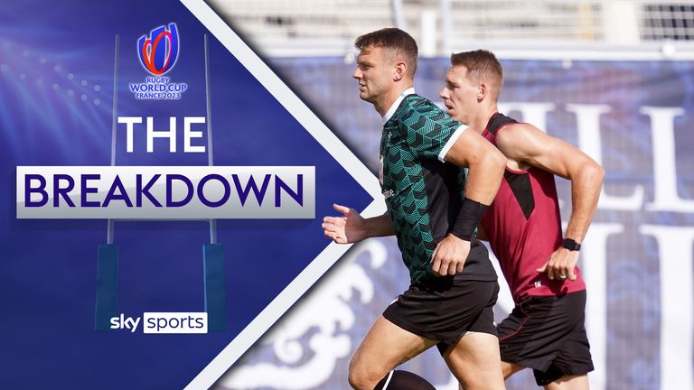 Wales&#39; Dan Biggar and Liam Williams (right) during a training session at the Stade Charles-Ehrmann, Nice. Picture date: Tuesday September 12, 2023.