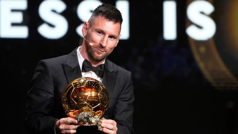 Inter Miami&#39;s and Argentina&#39;s national team player Lionel Messi receives the 2023 Ballon d&#39;Or trophy during the 67th Ballon d&#39;Or (Golden Ball) award ceremony at Theatre du Chatelet in Paris, France, Monday, Oct. 30, 2023. (AP Photo/Michel Euler)