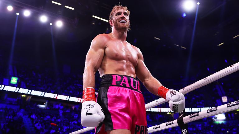 Logal Paul reacts during the Misfits Heavyweight fight between Logan Paul and Dillon Danis at AO Arena on October 14, 2023 in Manchester, England. (Photo by Matt McNulty/Getty Images)