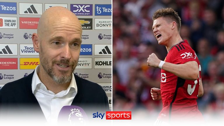 Left: Erik ten Hag in a post-match interview following Manchester United's 2-1 win over Brentford. Right image: Manchester United's Scott McTominay celebrates scoring their side's first goal of the game during the Premier League match at Old Trafford, Manchester. Picture date: Saturday October 7, 2023.